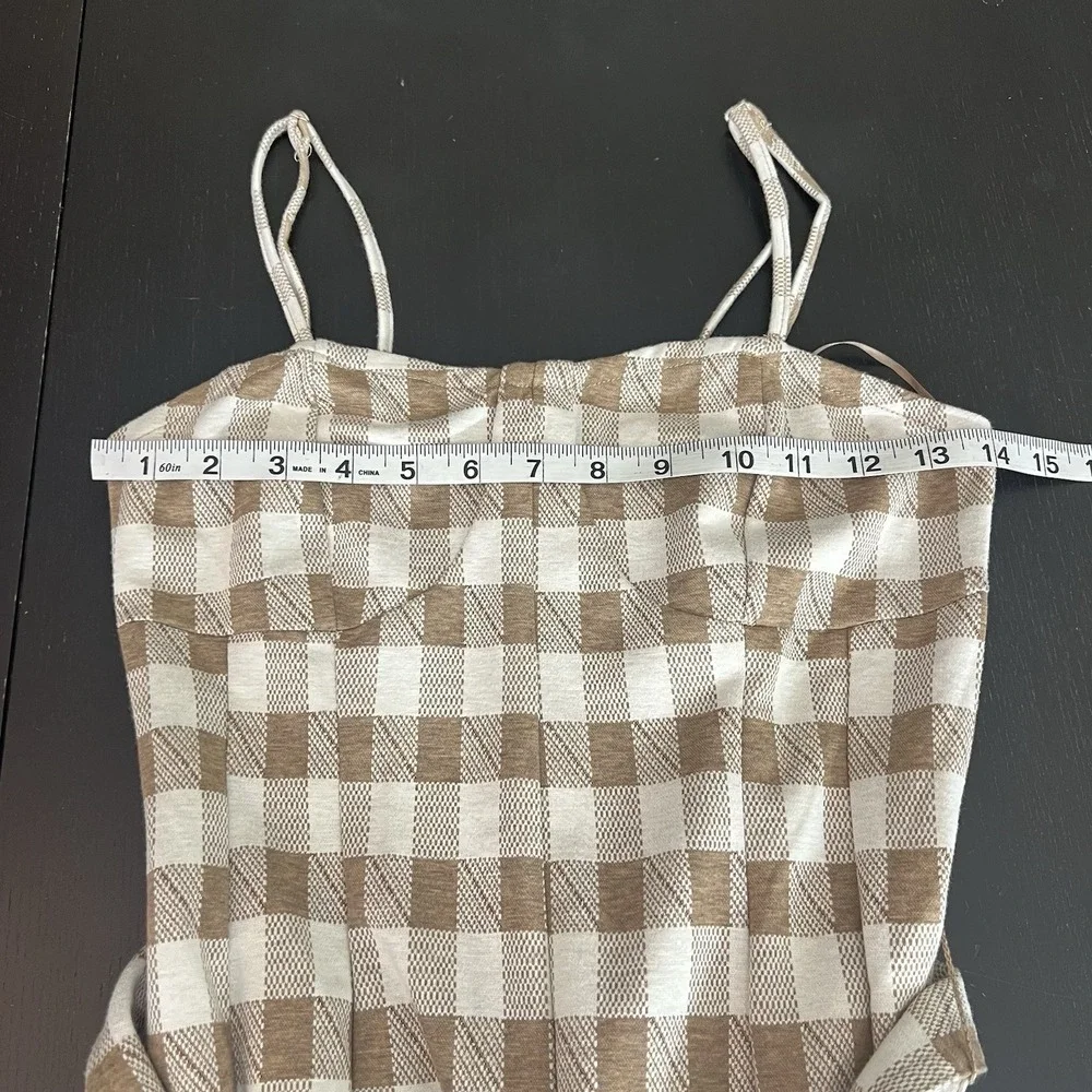 En Saison ANTHROPOLOGIE Mani Gingham Plaid Jumpsuit Size XS Beige Belted Pockets
